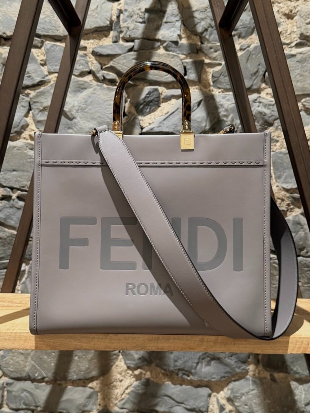 Fendi Grey Leather Logo Embossed Sunshine Medium Shopping Tote Bag